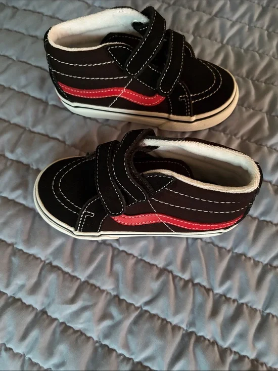 Vans Kids Black Sneakers with Red Stripe and Velcro