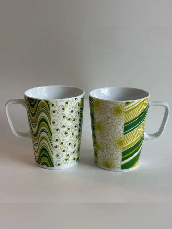 IKEA Green White Floral Geometric Vintage Style Ceramic Coffee Cups Set Of 2