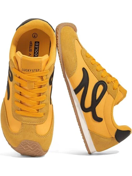 Women's Yellow/Black Leather Comfortable Classic Thin Sole Walking Sneakers