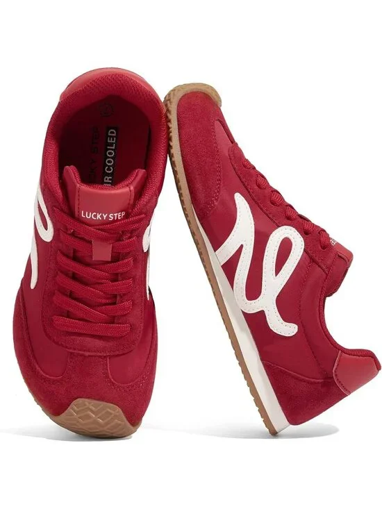 Women's Red Faux Leather Comfortable Classic Casual Thin Sole Walking Sneakers