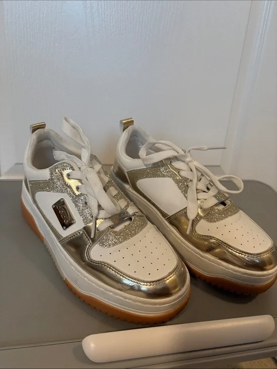 bebe White and Metallic Gold Platform Sneakers