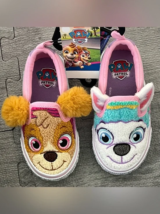 PAW Patrol Girls Pink Slip-On Flats Skye Everest Faux Fur Pom-Pom