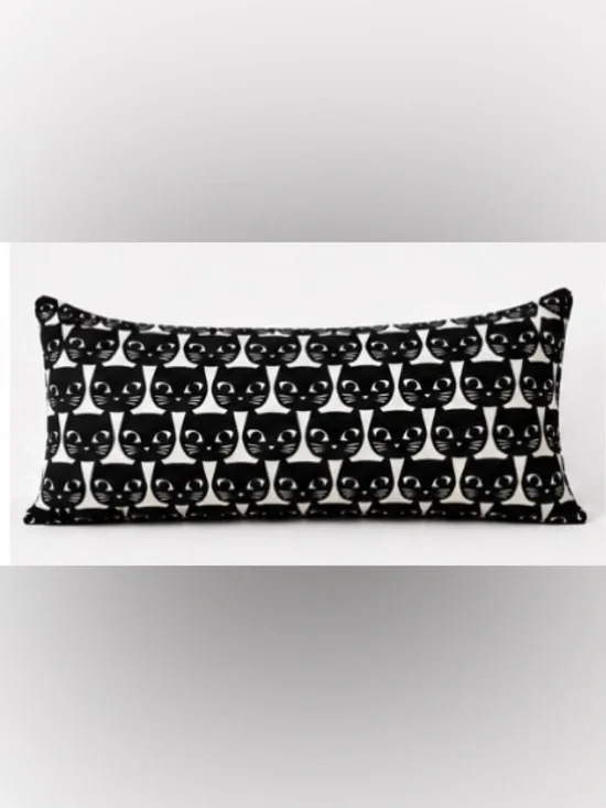 Vintage IKEA MATTRAM Black White Cat Print Lumbar Throw Pillow Rare