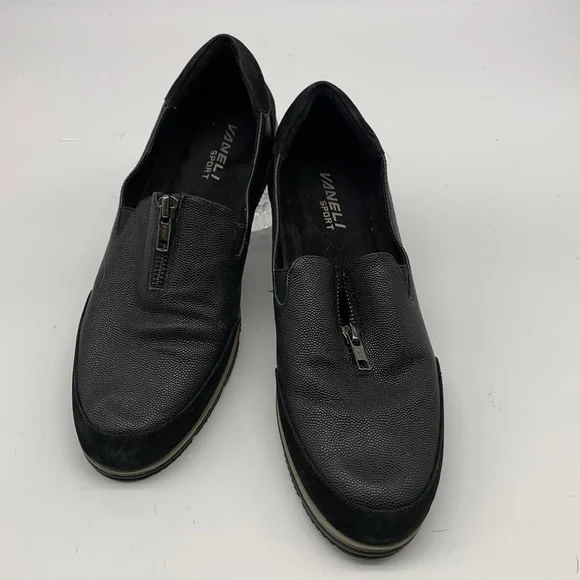Vaneli Sport Black Leather and Suede Front Zip Sneakers size 9M