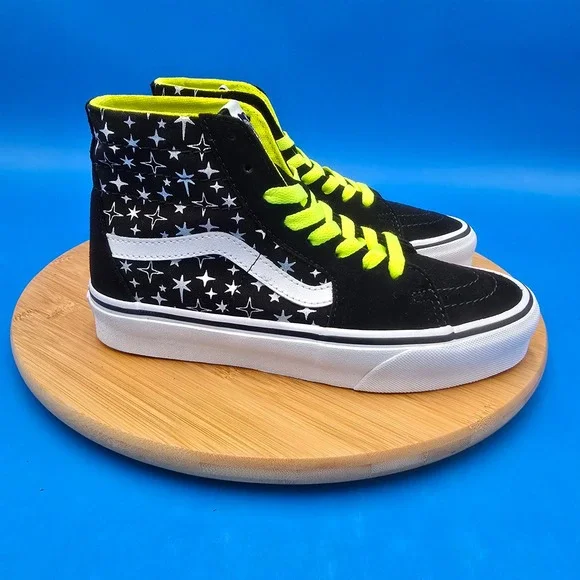 Vans SK8-Hi Black Star Print High Top Neon‎ Green Lace Sneaker Shoes 6.5 Women
