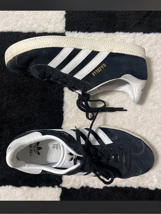 Kids Adidas Gazelle Black Suede Sneakers with White Leather Stripes