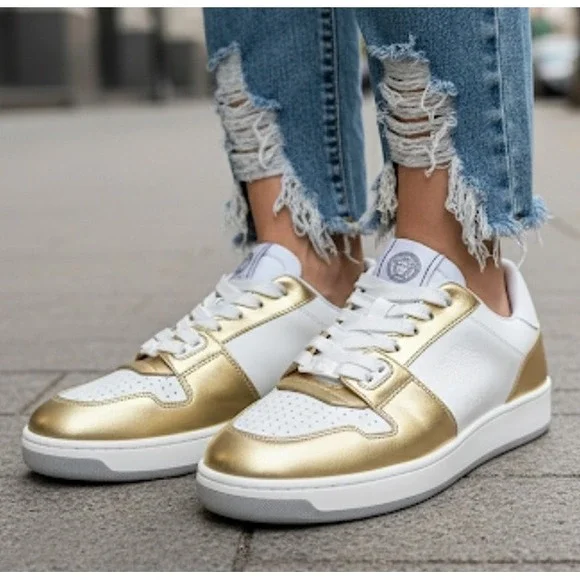 Versace Medusa Gold/White Leather Women's Sneaker‎ Shoe, 1014316, sz 36.5