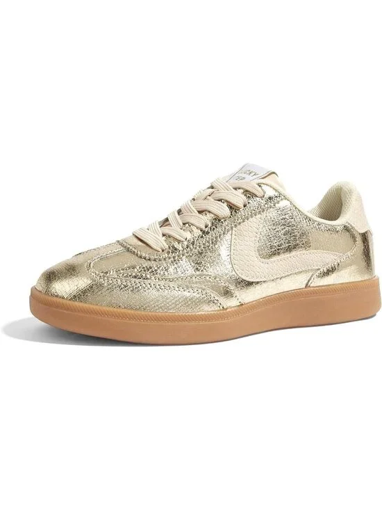 Women's Gold Classic Fashion Casual Skate No Slip Lace Up Walking Sneakers Shoes
