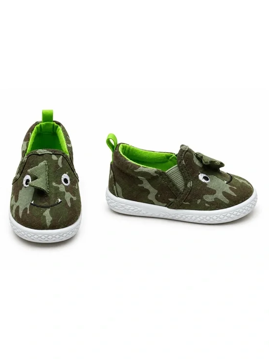 Wonder Nation Green Brown Camouflage Dinosaur Slip-on Sneakers Baby Boy Size 4