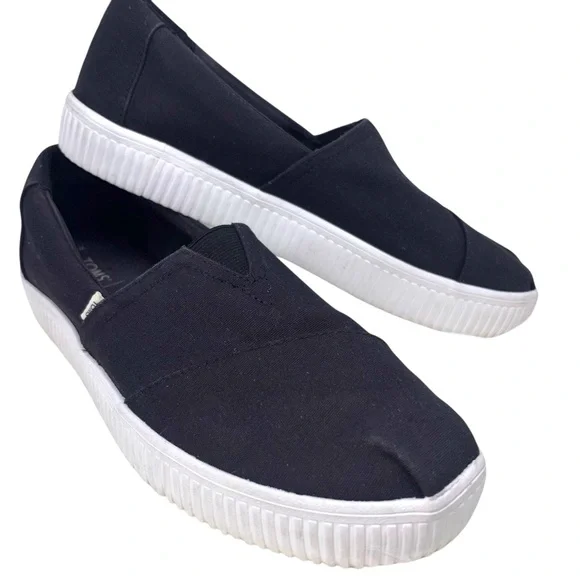 TOMS Women 9.5M Alpargata Platform Canvas Slip On Shoes‎ Black White