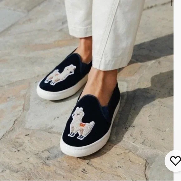 Soludos Velvet Llama Round Toe Slip On Sneakers‎ Navy Blue Women's Size US 8.5