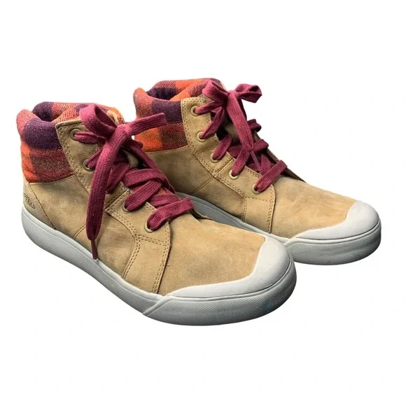 KEEN Women's Casual High Top‎ Sneakers Tan Plaid Lined Lace Up Shoes Size 8.5