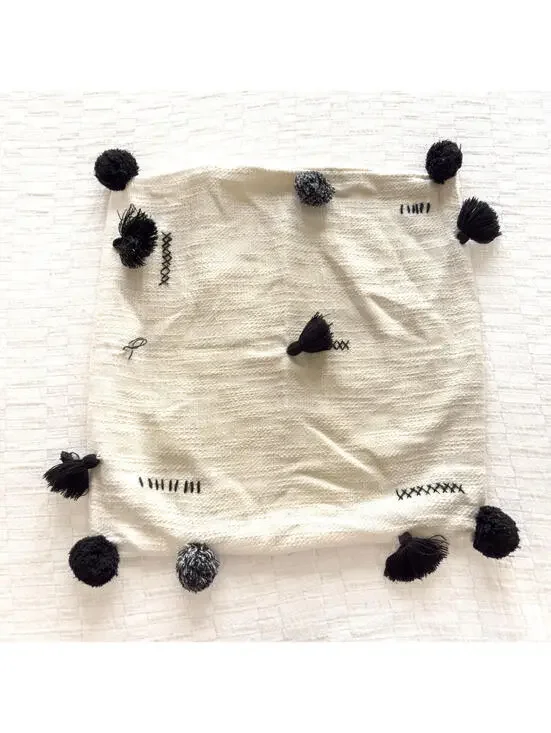 IKEA Cream Black‎ Pom Pom Cotton Square Cushion Cover 20x20
