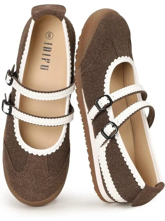 Women's Brown Nubuck Comfortable Ballet with Elastic Straps Fashion Sneakers