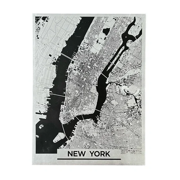 New York Silver Metallic Map Canvas Wall Art