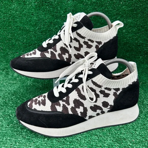 Loeffler Randall Kinane Leopard Print Knit Suede Sneakers Womens‎ 8M Black White