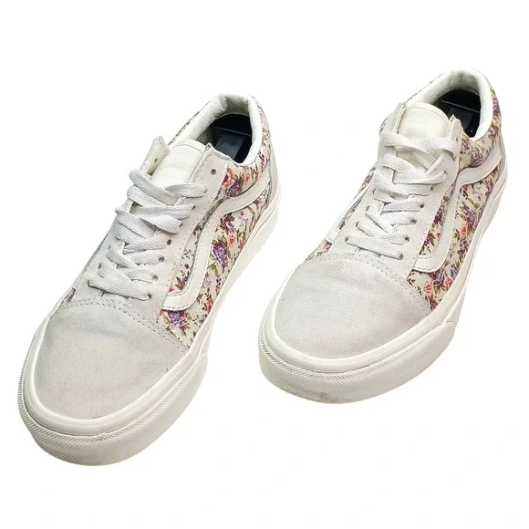Vans Old Skool Floral Print Sneakers Cream‎ White Suede Womens 8 Mens 6.5 500714