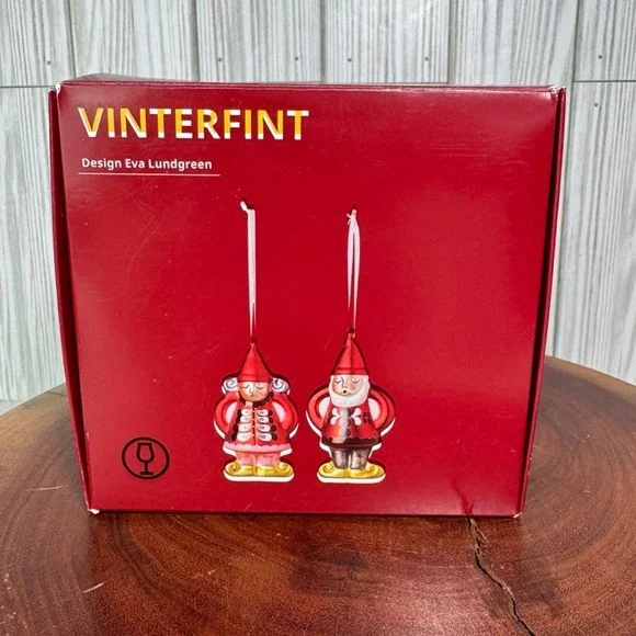 IKEA Vinterfint Glass Christmas Ornaments Set of 2 Eva Lundgreen Gnomes Red Gold