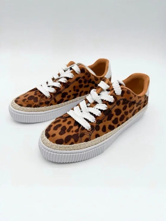 Marc Fisher Spryng Leopard Print Sneakers Rope Woven Trim Lace-Up Casual 8.5 NEW