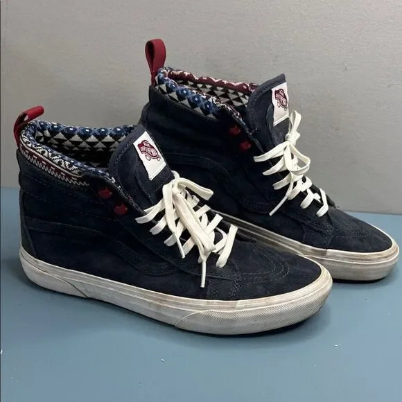 Vans Navy High-Tops with Patterned Collar M6.5W8 Sk8-Hi MTS Scotchguard treated