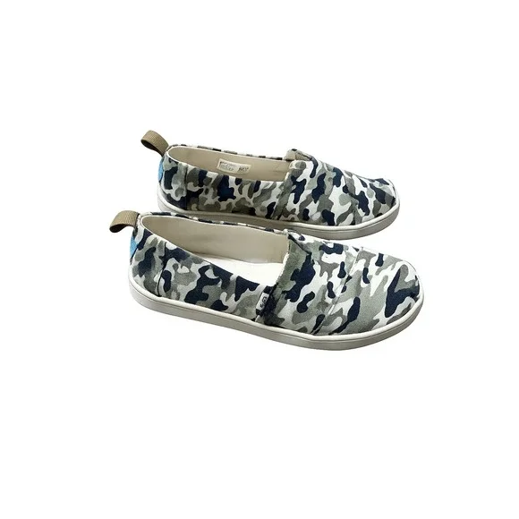 TOMS Youth Alpargata Camo Slip On Shoes Green Camouflage Canvas Flats Y4