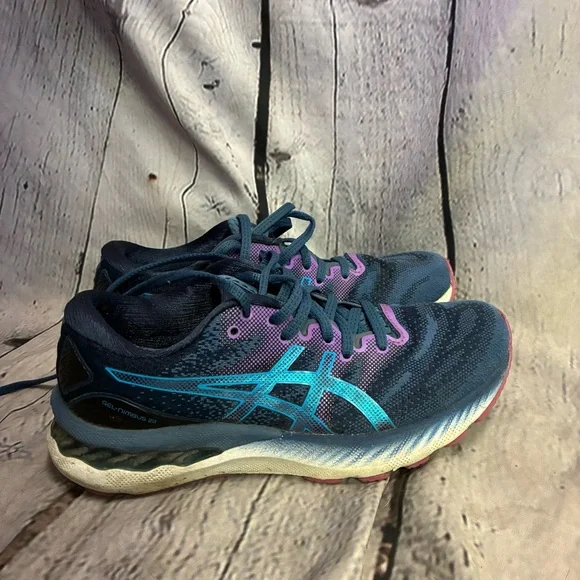 Asics Women's Gel Nimbus 23 'Grand Shark / Digital‎ Aqua' 1012A885 Shoes Sz7 GUC