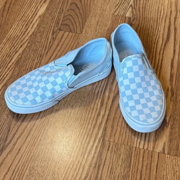 Vans Women’s Light Blue and White Checkerboard Slip-On Sneakers