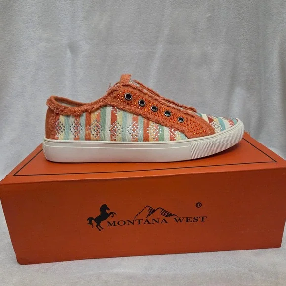 Montana West Orange Southwestern Rhinestone Slip On Sneakers 900-S048OR-7 Mens 7