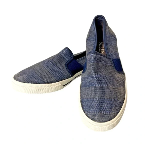 Ralph Lauren Jinny Slip-On Sneakers Womens 7.5B Blue Canvas RL Logo Casual Shoe