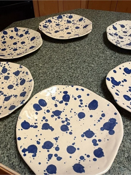 2017 IKEA JASSA Blue Splatter Stoneware Dinner Plates by Piet Hein Eek set of 6.