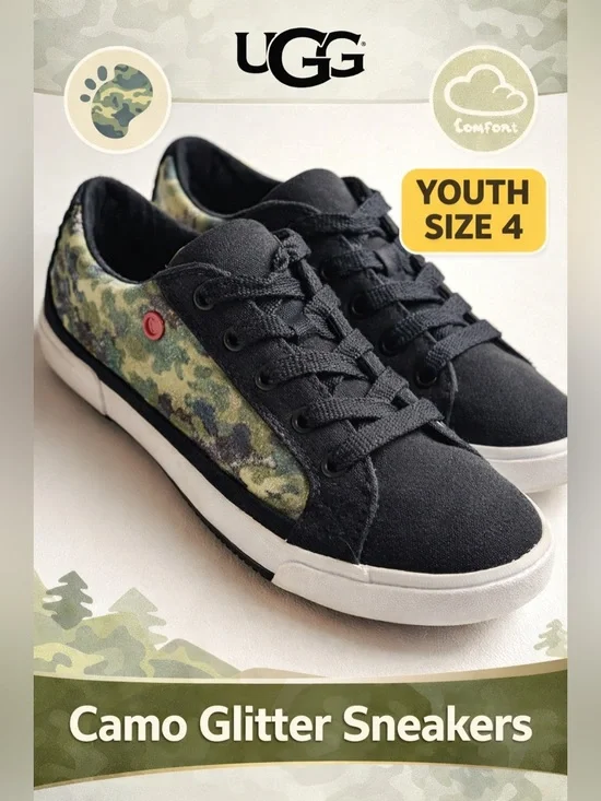 UGG Camo Glitter Sneakers Youth 4 Black Lace Up Casual Girls Shoes
