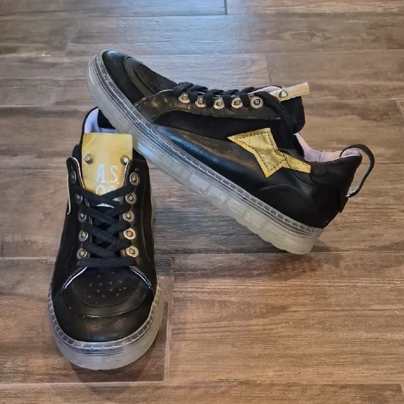 7/7.5 A.S. 98 Black & Gold Leather Sneakers Stud Detail Translucent Soles