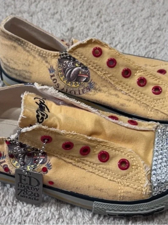 Vintage Y2K Ed Hardy Yellow Canvas Laceless Slip-On Sneakers W/Crystals, Size 2