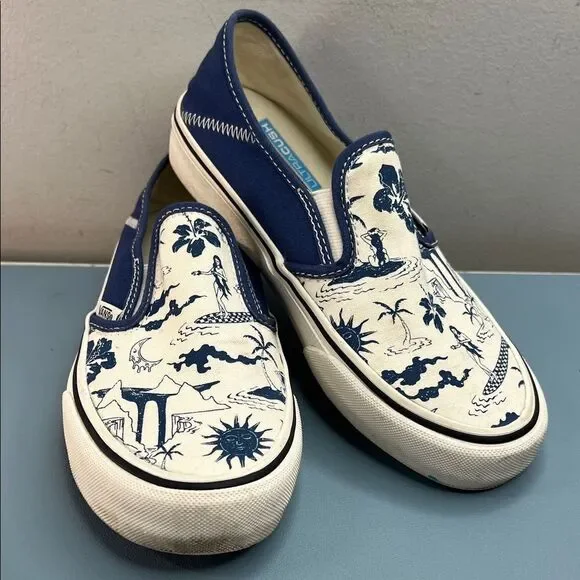 Vans Navy and Cream Graphic Ultracush Slip-Ons W6