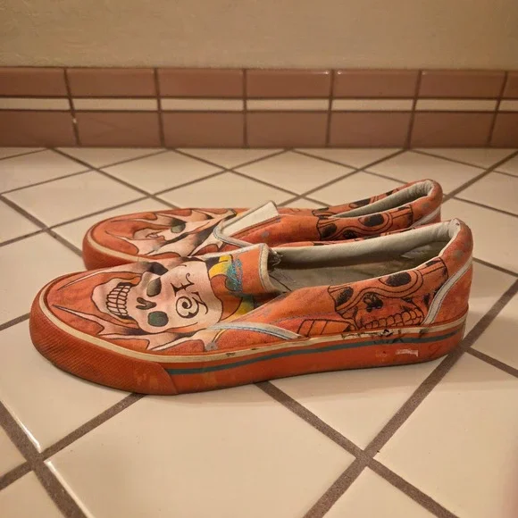 Ed Hardy Womens Orange Tattoo Art Skull Canvas Slip On Sneakers Size 9 EUR 40