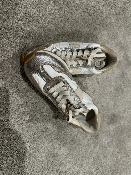 Dolce Vita Silver Metallic & White Lace-Up Sneakers with Crystal Trim