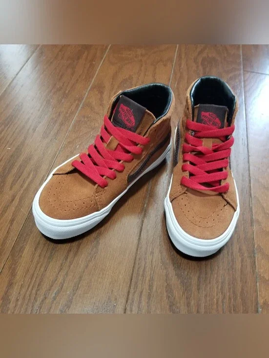 NEW! Vans Kids' Brown Suede High-Top Sneakers with Red Laces Sk8-hi Sz 12 NWT
