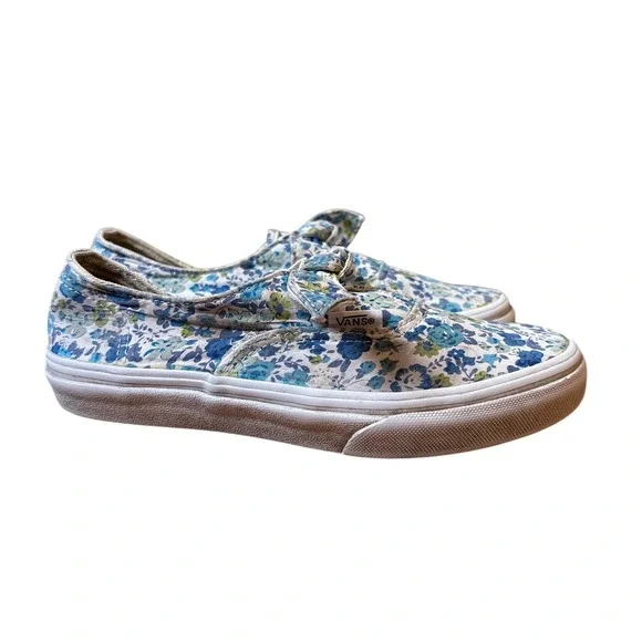 Vans Authentic Slip On Kids Blue‎ Floral Bow Canvas Skate Shoes SIZE 2.5