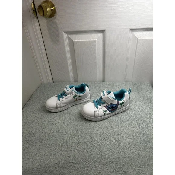 Disney Lilo & Stitch Girls Sneakers Size 12 White Teal Hook & Loop Shoes