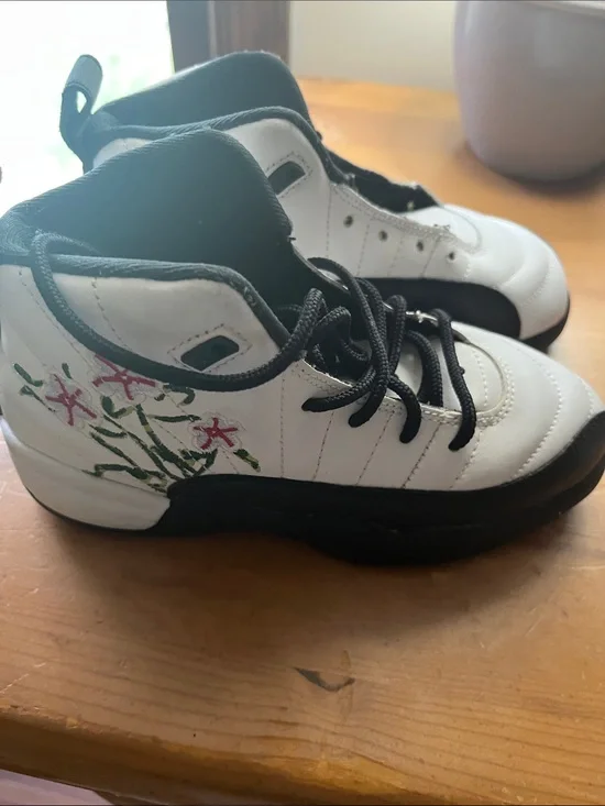 Jordan Kids White and Black Sneakers with Pink Floral Detail