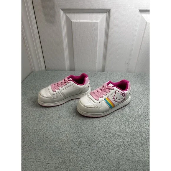 Hello Kitty Girls Sneakers Size 11 White Pink Rainbow Lace-Up Casual Shoes