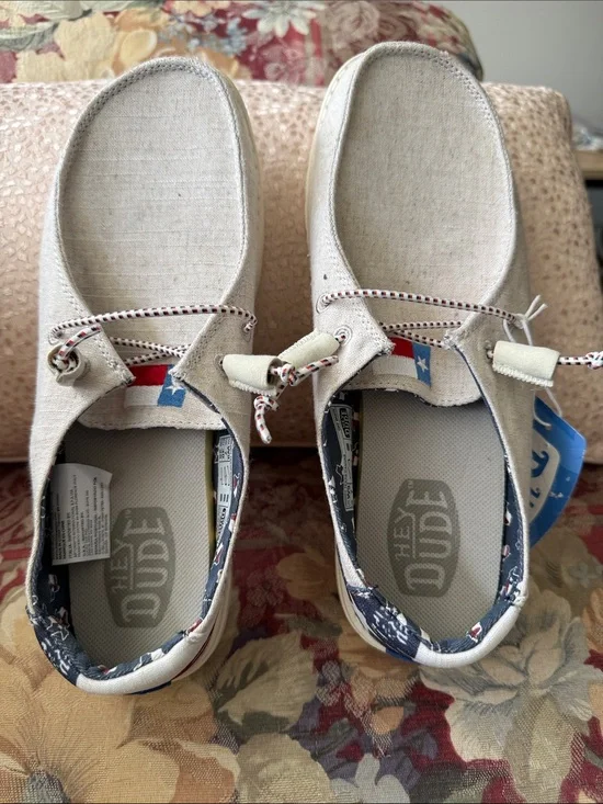 Hey Dude Kids Slip-On Sneakers in Natural Beige with Navy Accents. Brand new.