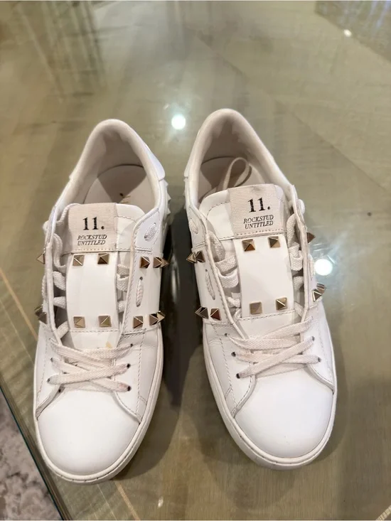 Valentino White Rockstud Untitled Leather Sneakers with Gold Studs