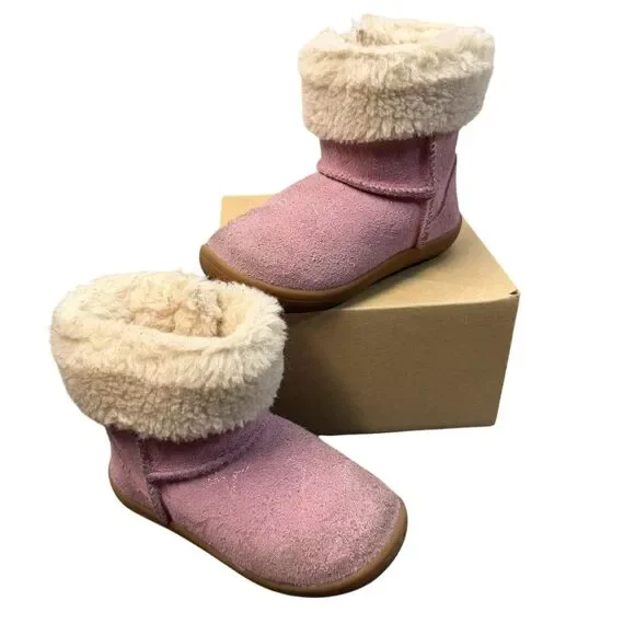 UGG Boots Girls Size 7 Pink Suede Shearling Lined Winter Fur Trim 1157633T