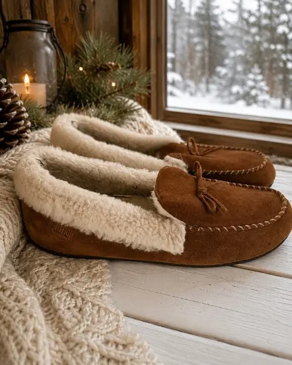 FitFlop Suede Shearling Moccasin Slippers Brown Cozy House Shoes Women’s size 8