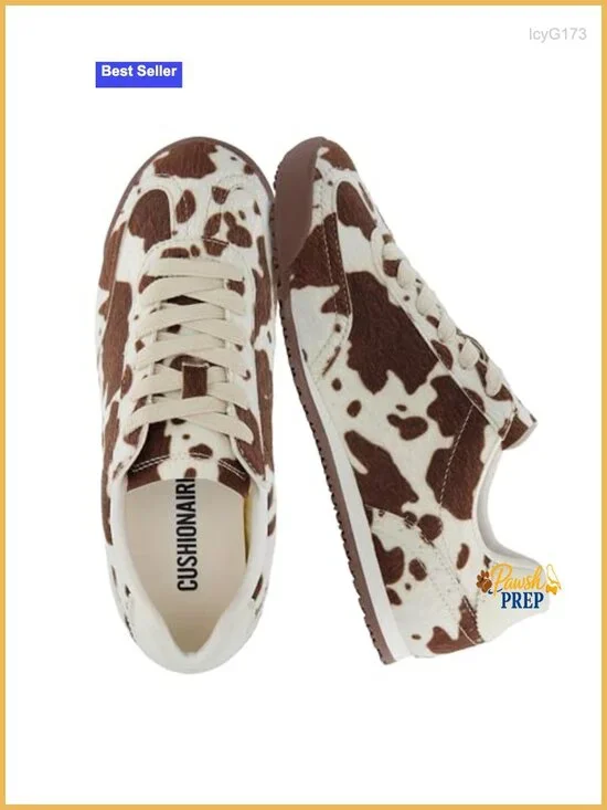 Cow Print Vegan Suede Lace-Up Sneakers with Memory Foam
