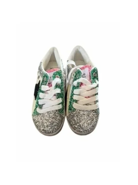 Lola and The Boys Star Silver Glitter Sneakers Size 12C With Green & Pink Accent
