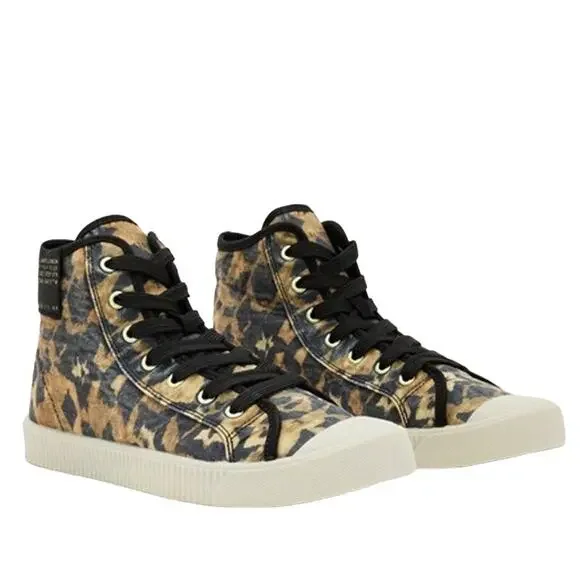 AllSaints Demmy Celia High Top Sneakers Leopard Canvas Round Toe Tan Black 8