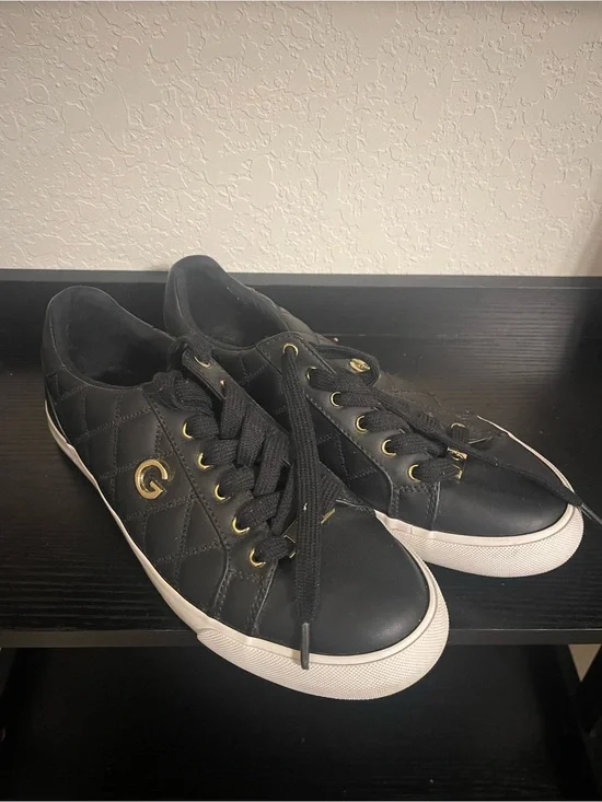 Black Quilted Low-Top Sneakers with Gold Accents