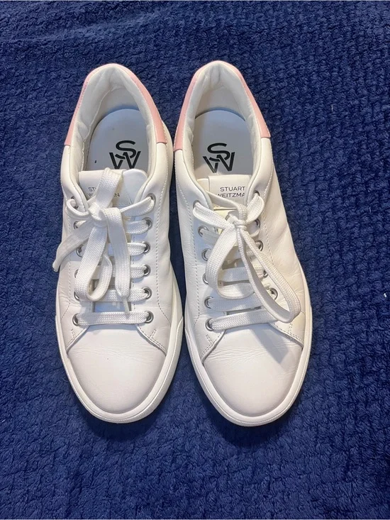 Stuart Weitzman White Leather Sneakers with Pink Heel Accent